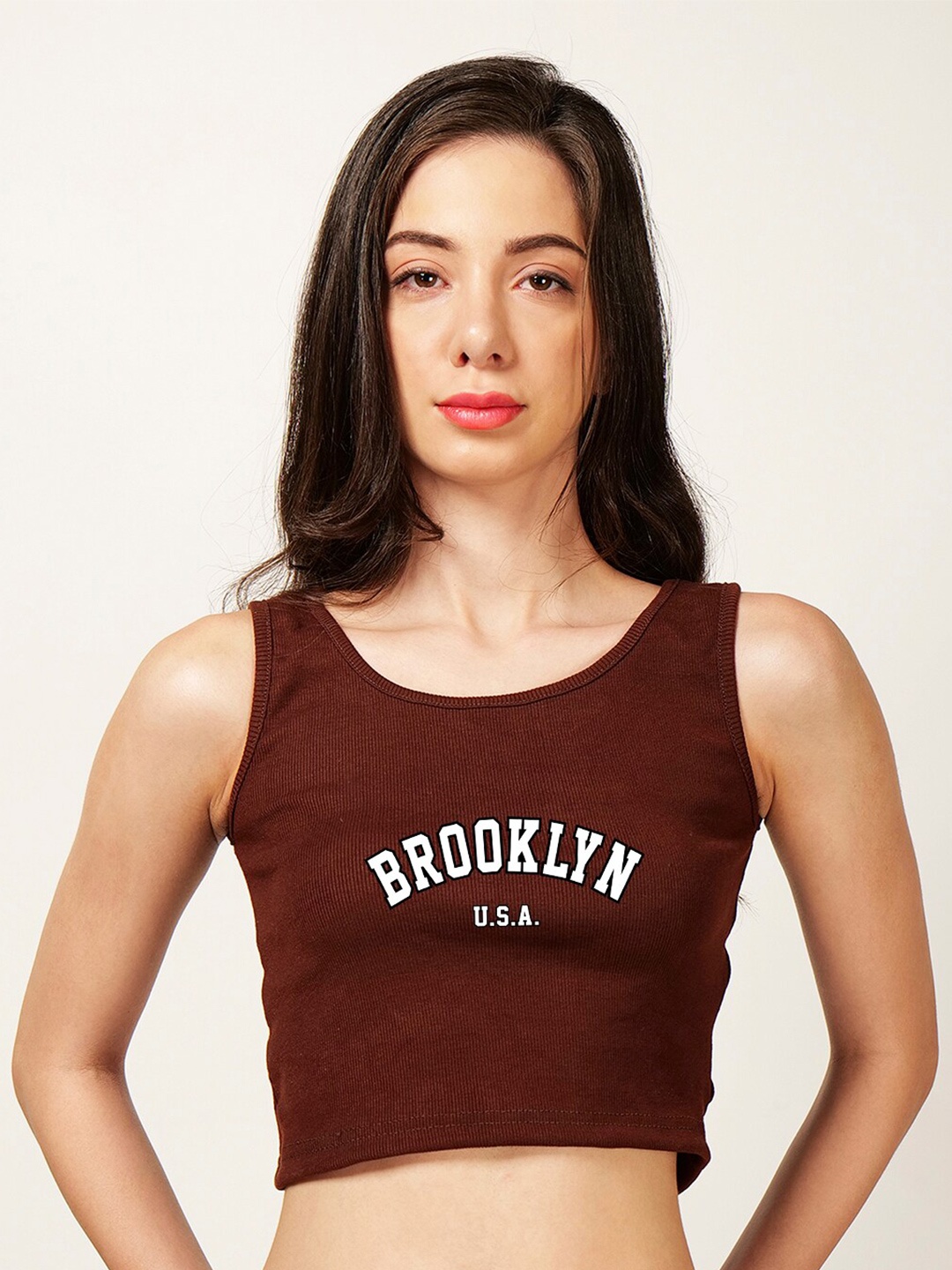 

Fashion And Youth Typography Printed Round Neck Crop Tank Top, Coffee brown