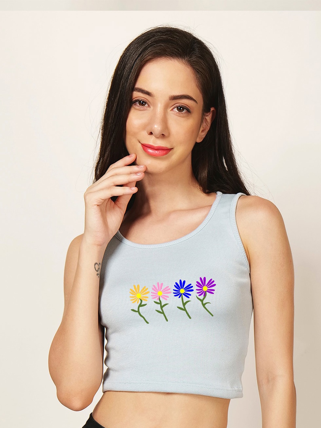 

Fashion And Youth Printed Round Neck Crop Top, Turquoise blue