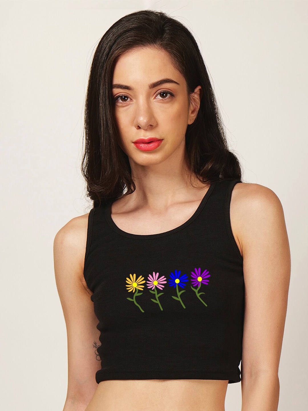 

Fashion And Youth Floral Printed Crop Tank Top, Black