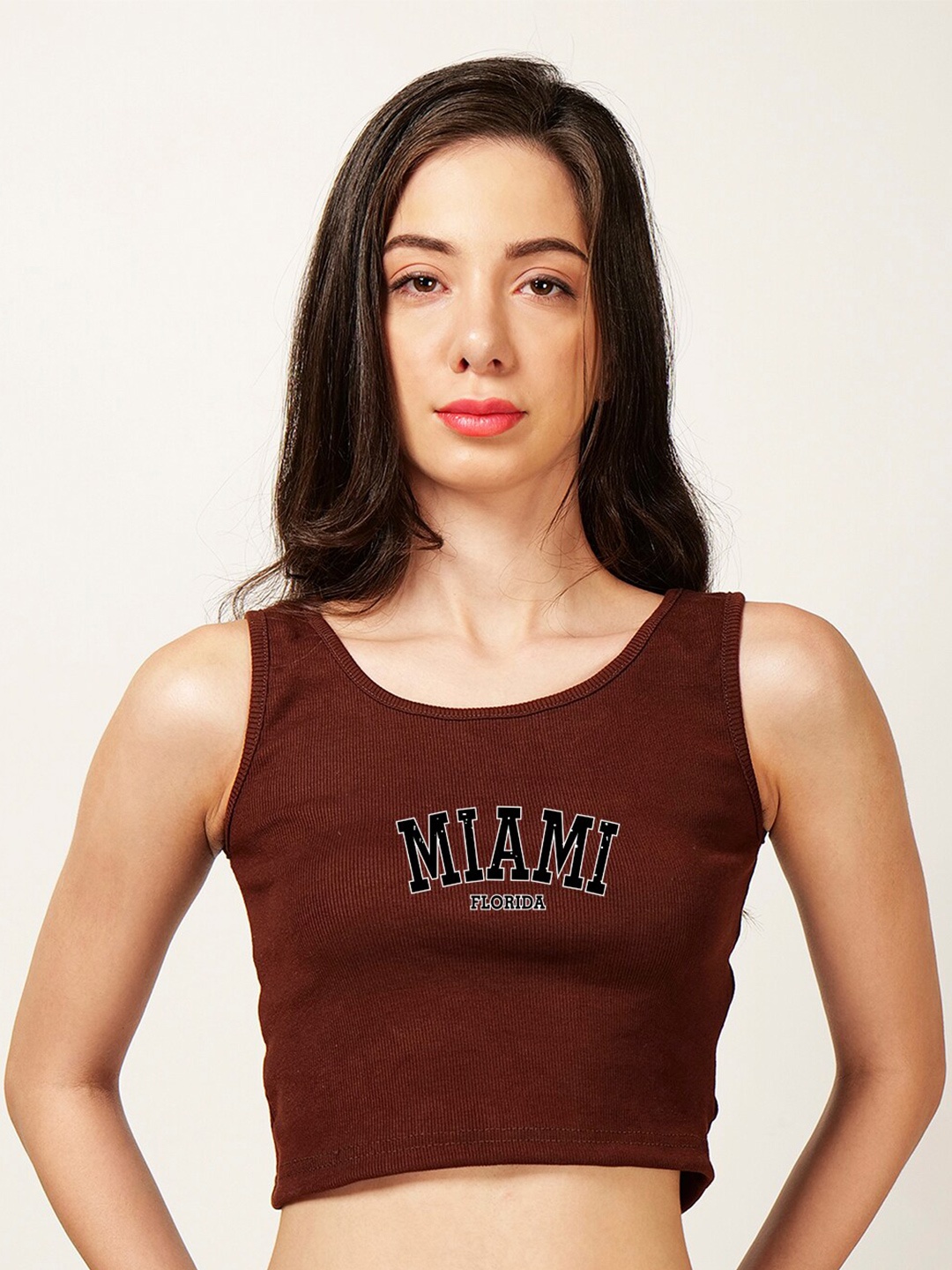 

Fashion And Youth Printed Sleeveless Tank Crop Top, Coffee brown
