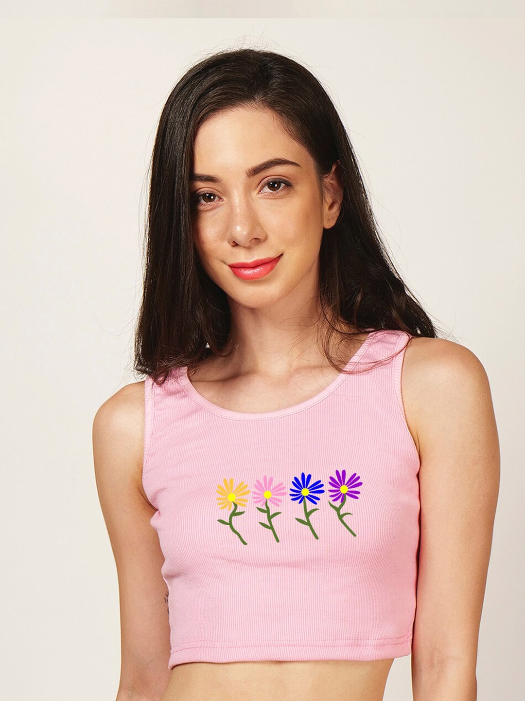 

Fashion And Youth Floral Printed Round Neck Fitted Crop Top, Pink