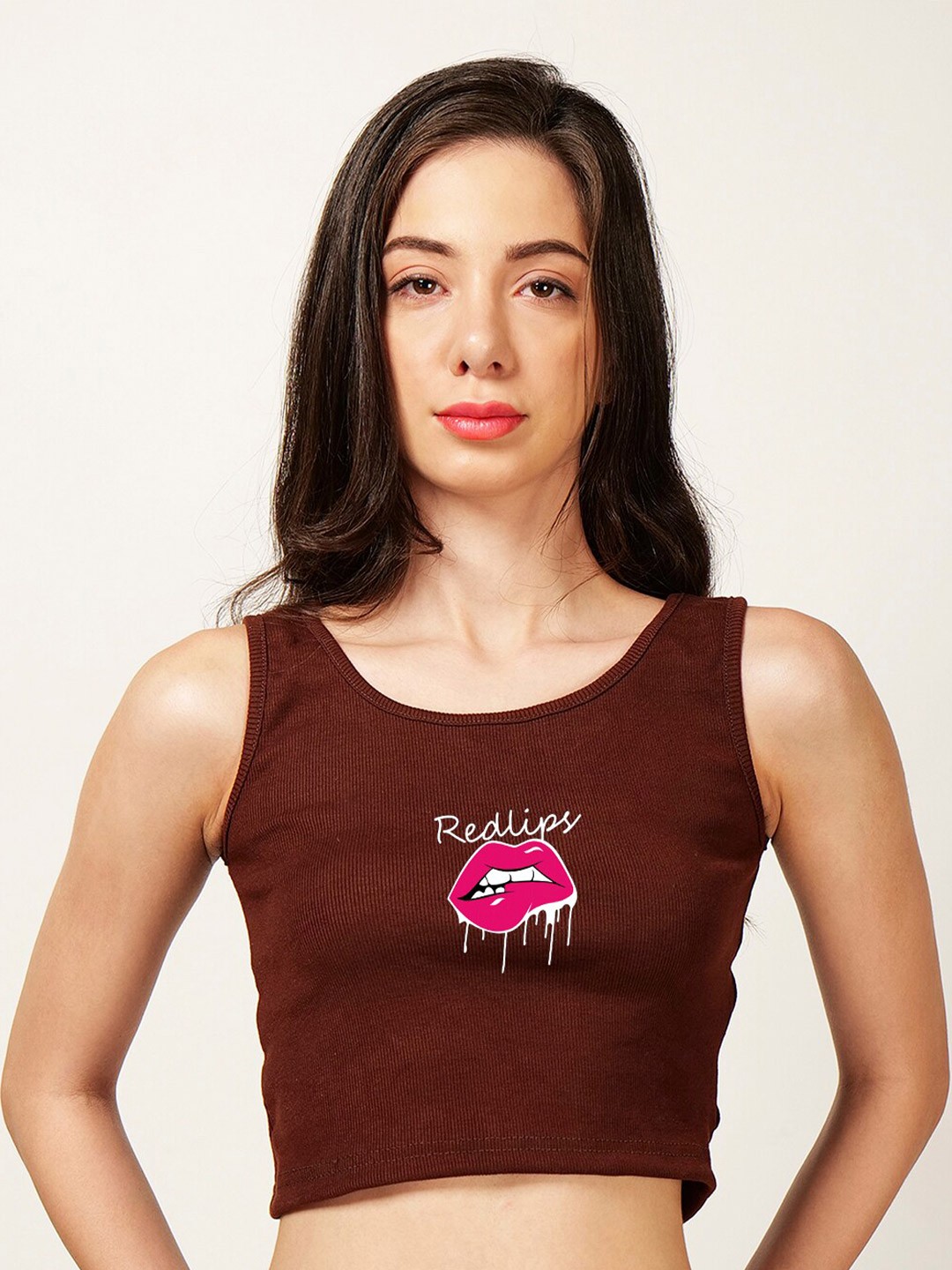 

Fashion And Youth Printed Crop Tank Top, Coffee brown