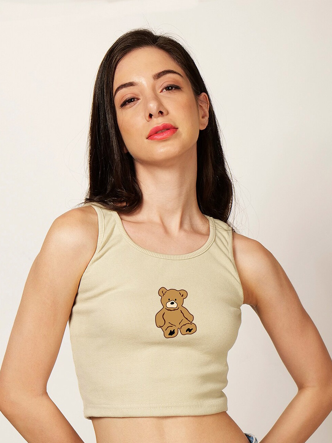 

Fashion And Youth Printed Crop Tank Top, Beige