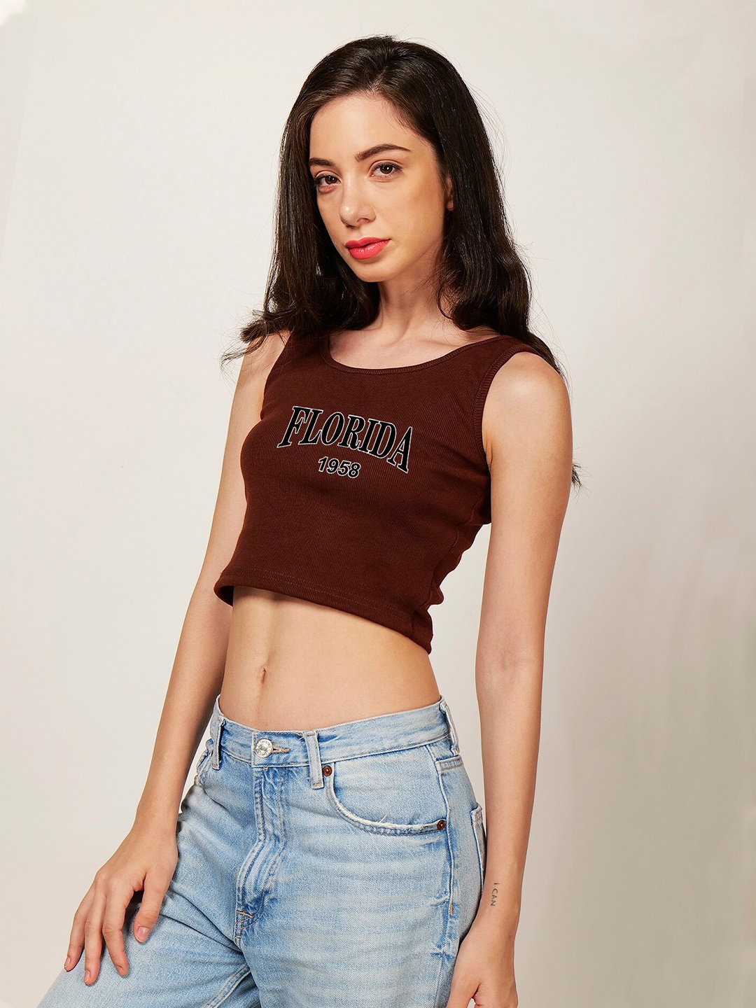 

Fashion And Youth Typography Printed Round Neck Crop Tank Top, Coffee brown