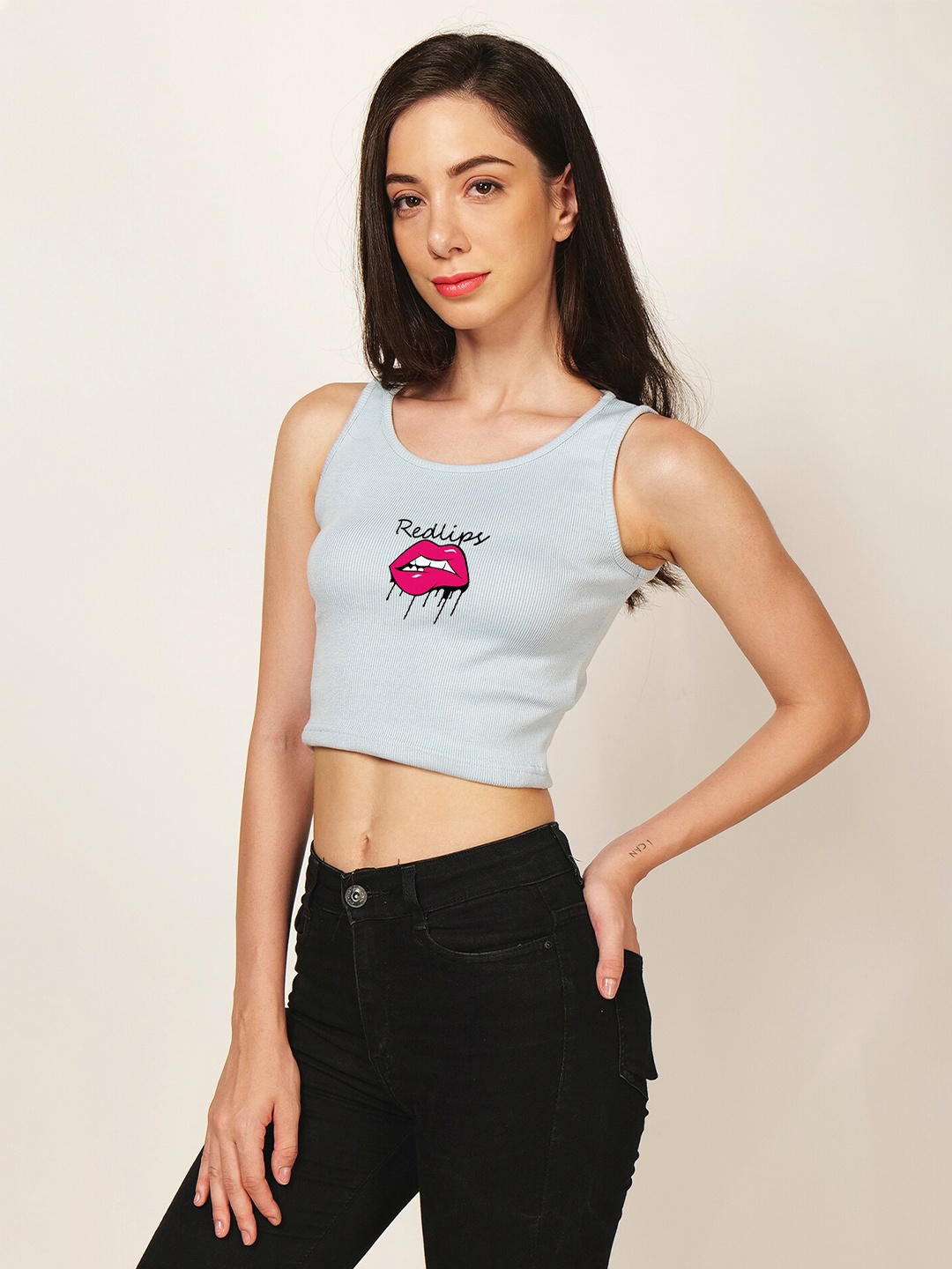 

Fashion And Youth Graphic Printed Fitted Crop Top, Turquoise blue