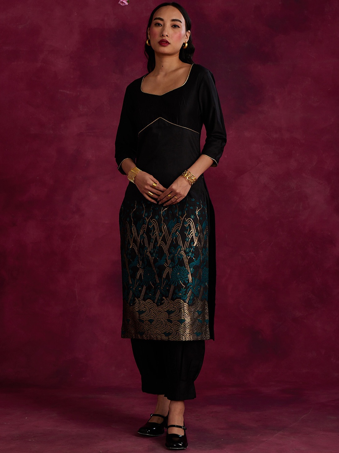 Abhishti Floral Woven Design Pure Cotton Straight Kurta, Black