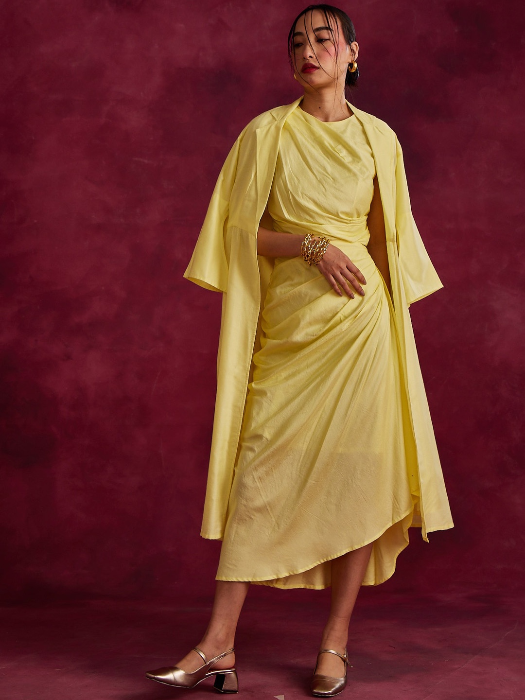 

Abhishti Noor Pleated Drape Round-Neck Top With Skirt & Shrug Co-Ords, Yellow