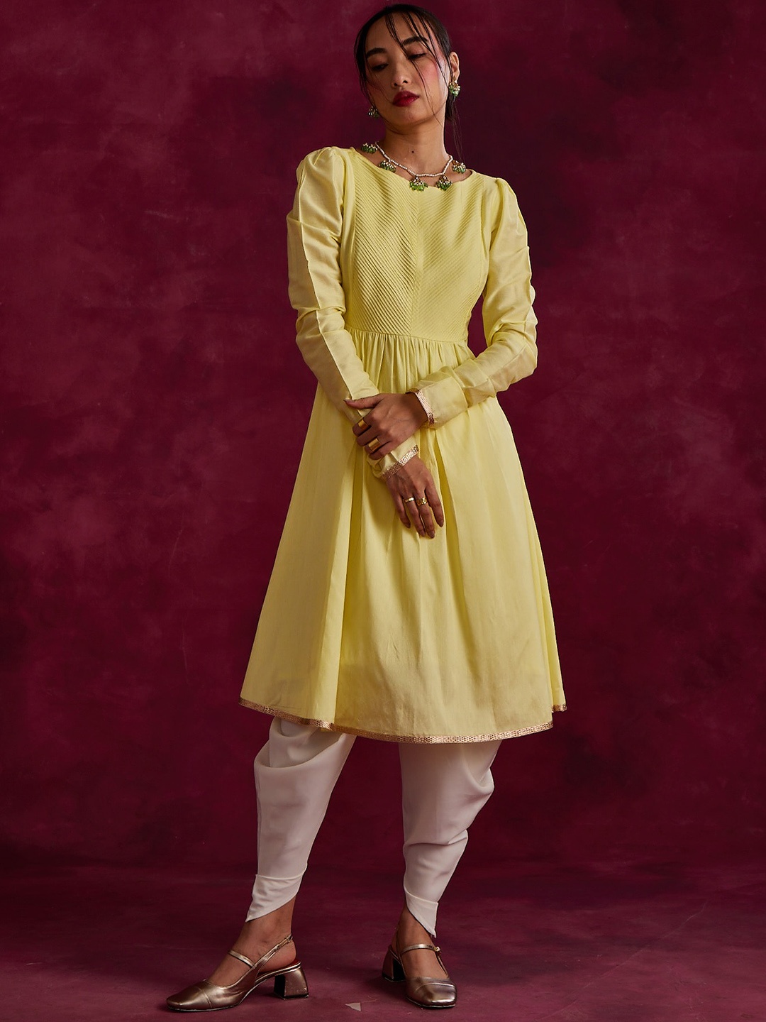 

Abhishti Cotton Silk Round Neck Long Sleeves A-Line Kurta With Patiala, Yellow