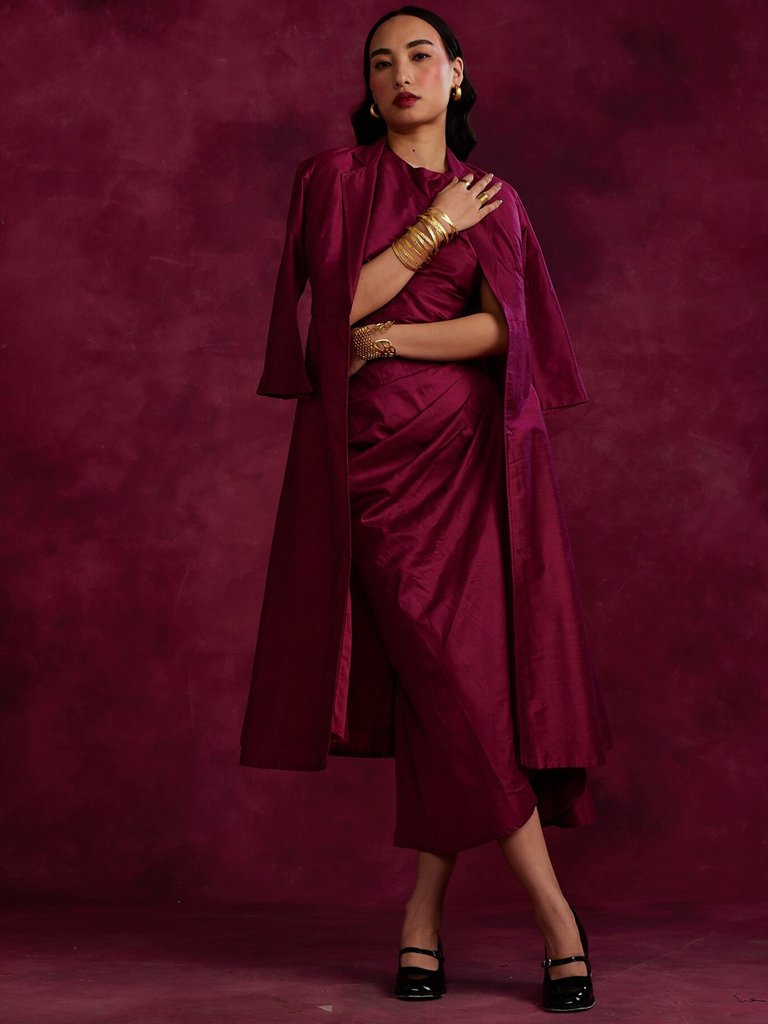

Abhishti Noor Pleated Drape Top & Skirt With Flared Jacket Co-Ords, Magenta