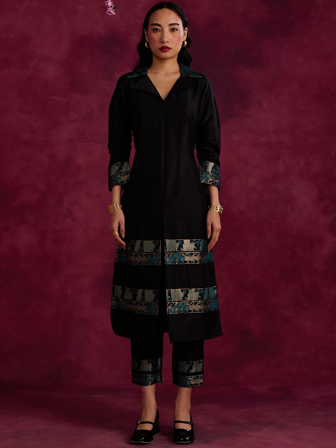 

Abhishti Ethnic Motifs Cotton Silk Shirt Collar Straight Kurta With Trouser, Black