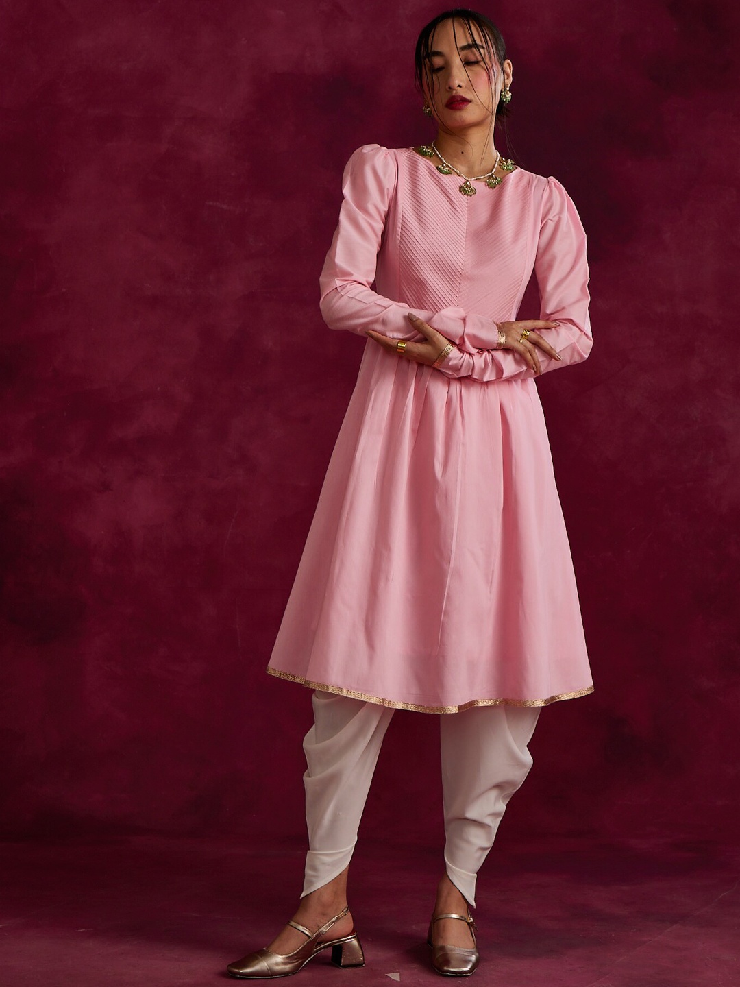 

Abhishti Cotton Silk Round Neck Long Sleeves A-Line Kurta With Patiala, Pink
