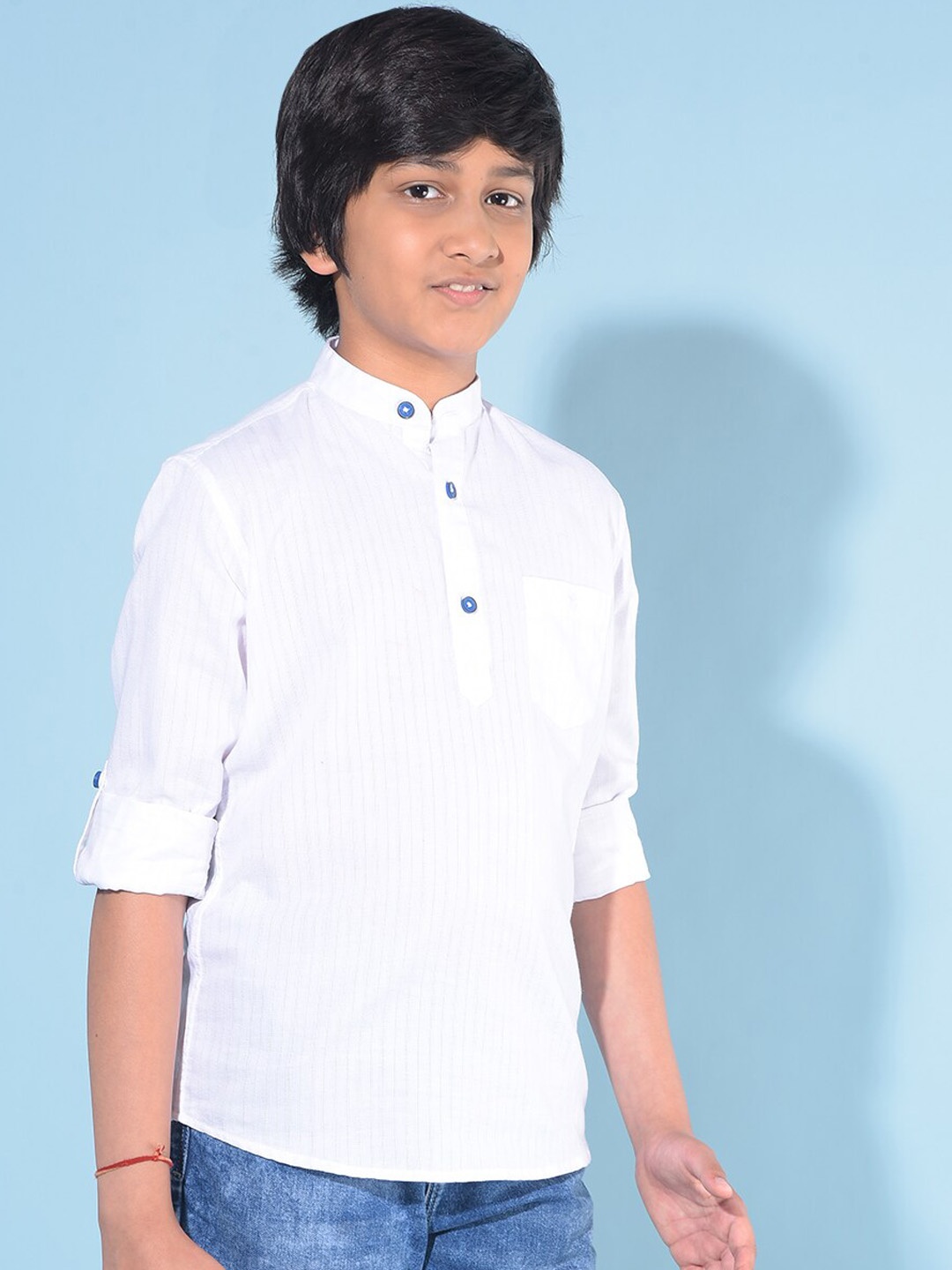 

Crimsoune Club Boys Striped Cotton Thread Work Roll-Up Sleeves Anarkali Kurta, White
