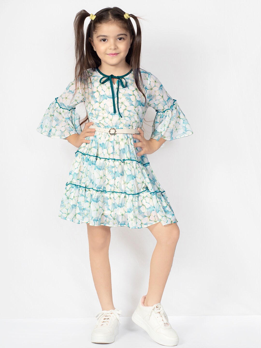 

BAESD Girls Floral Print Tie-Up Neck Bell Sleeve Georgette Fit & Flare Dress, Green