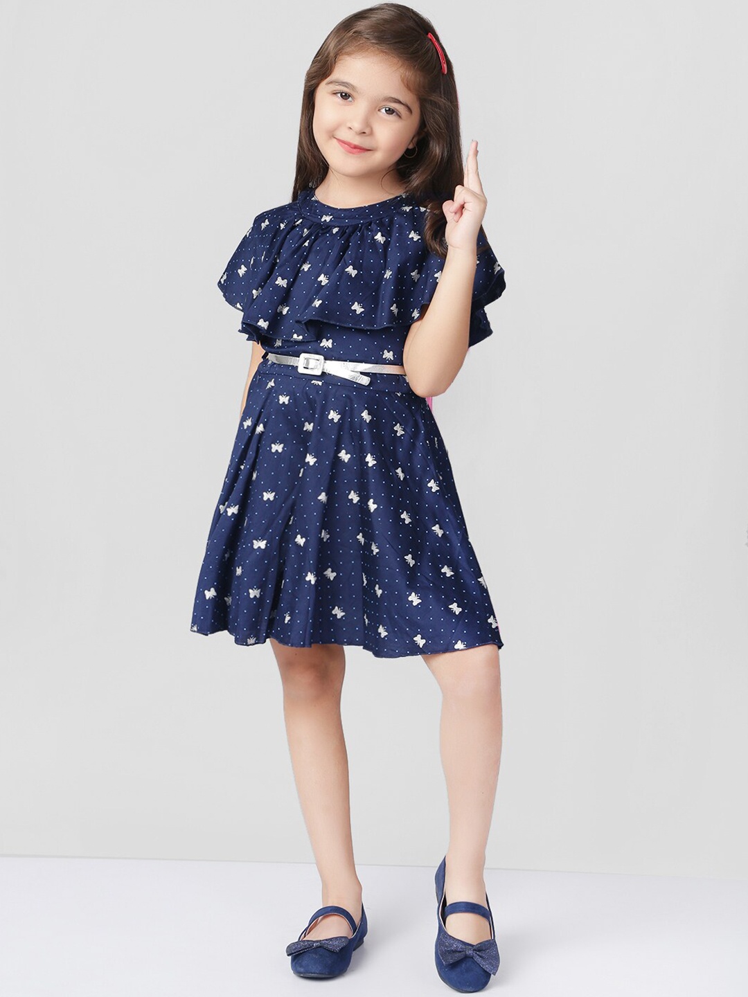 

BAESD Girls Print Flared Sleeve Fit & Flare Dress, Navy blue