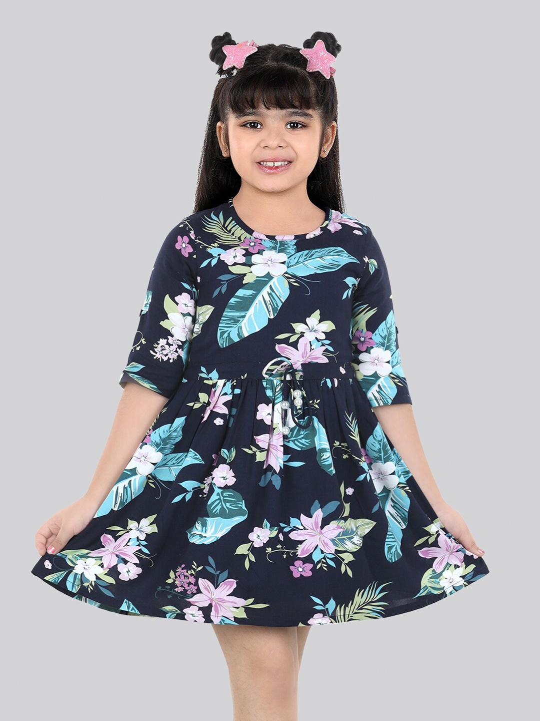 

BAESD Girls Floral Print Fit & Flare Dress, Navy blue