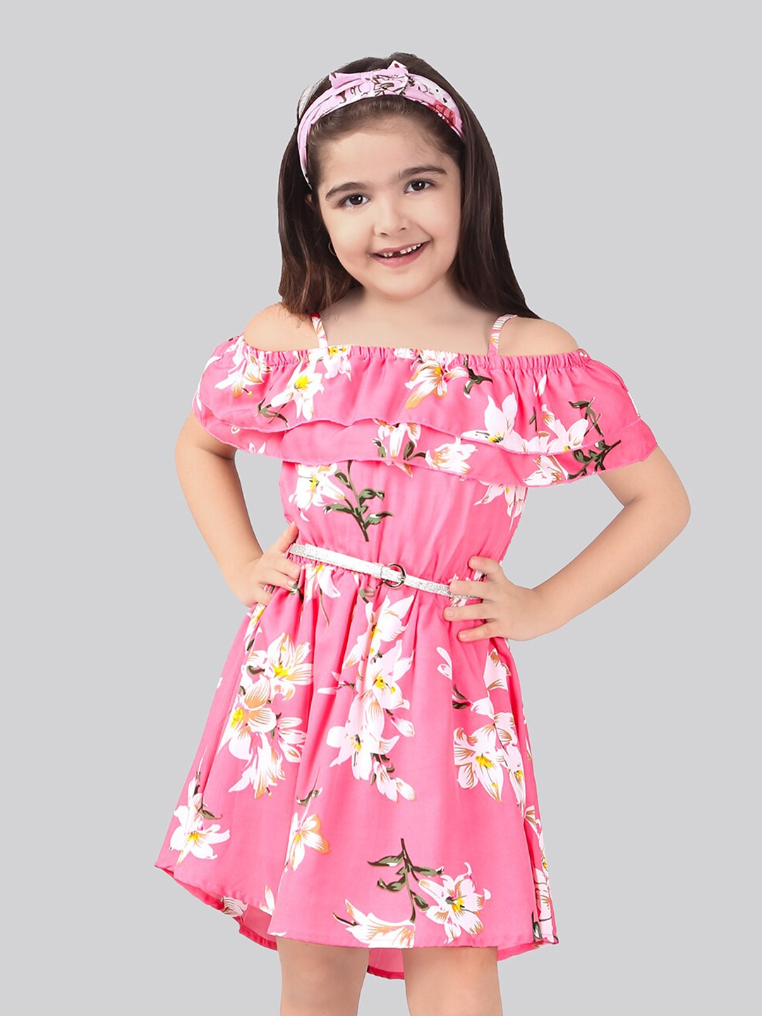 

BAESD Girls Floral Print Cotton Shoulder Straps Fit & Flare Casual Dress, Pink