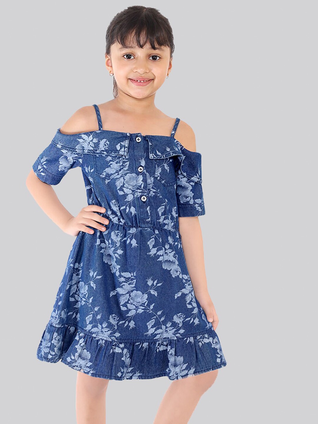 

BAESD Girls Floral Print Shoulder Straps Cold-Shoulder Ruffled Denim Fit & Flare Dress, Blue