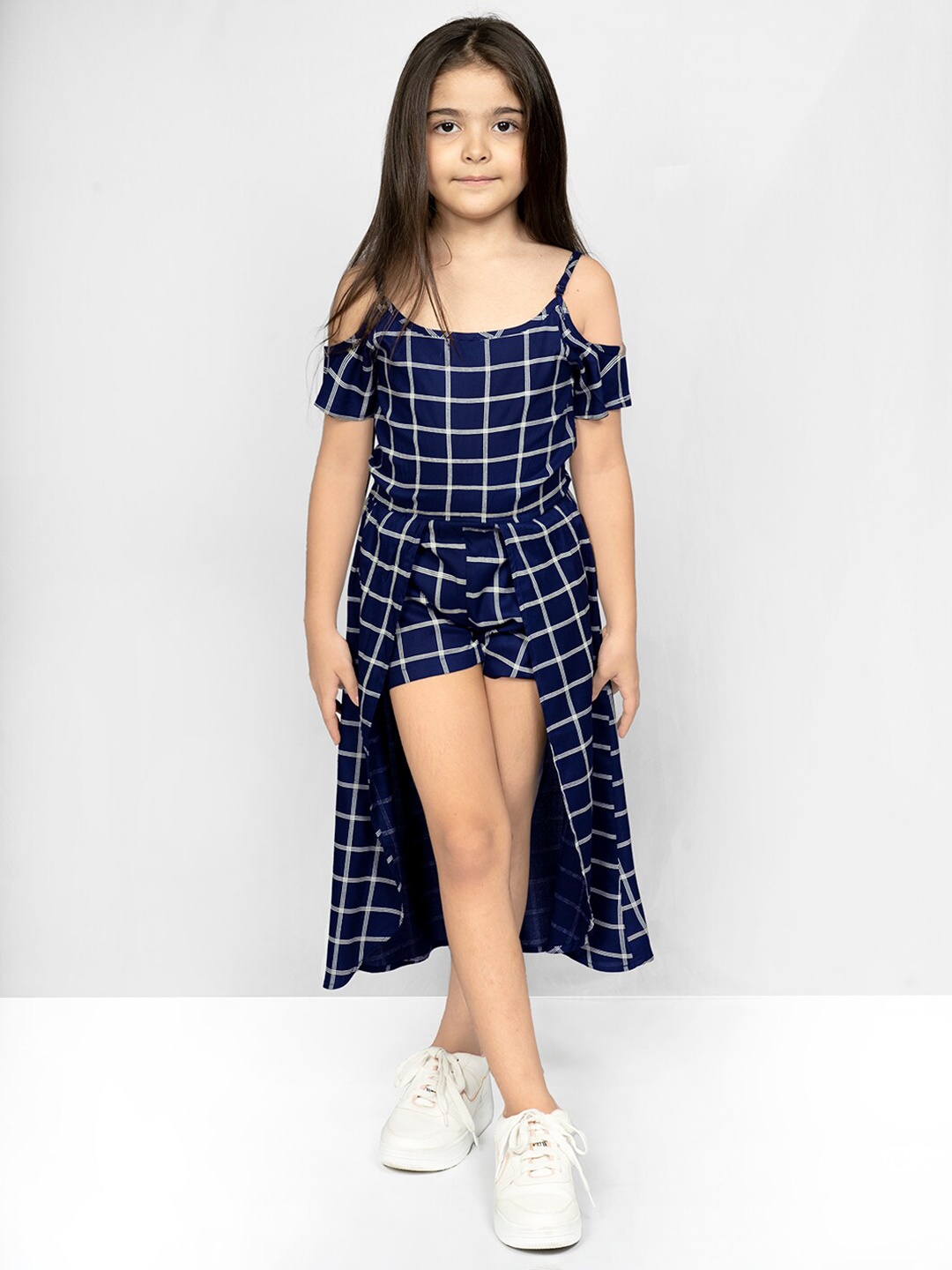 

BAESD Girls Checked Shoulder Straps Cold-Shoulder A-Line Midi Dress, Navy blue