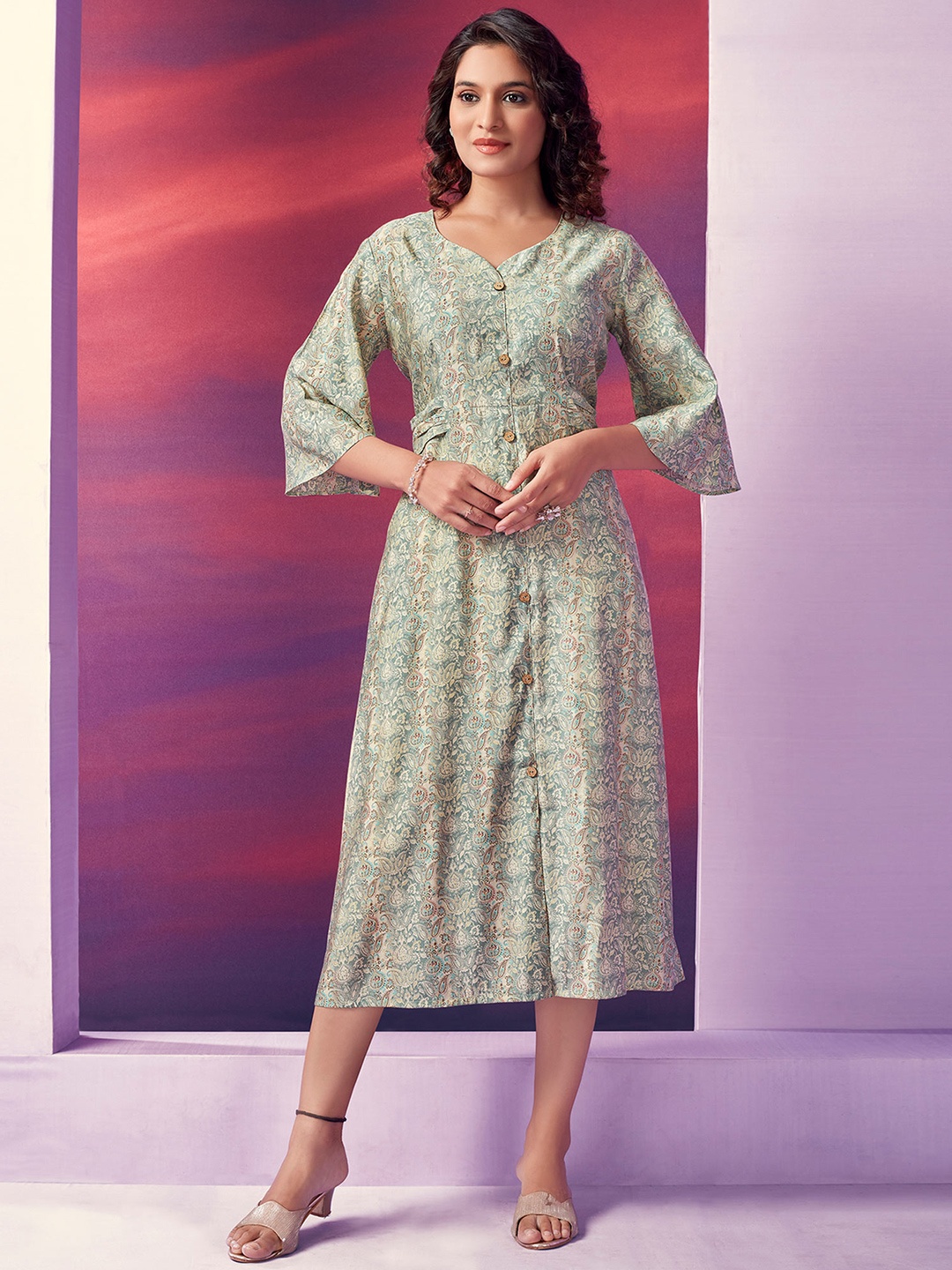 

Peachmode Floral Printed Fit & Flare Midi Dress, Green