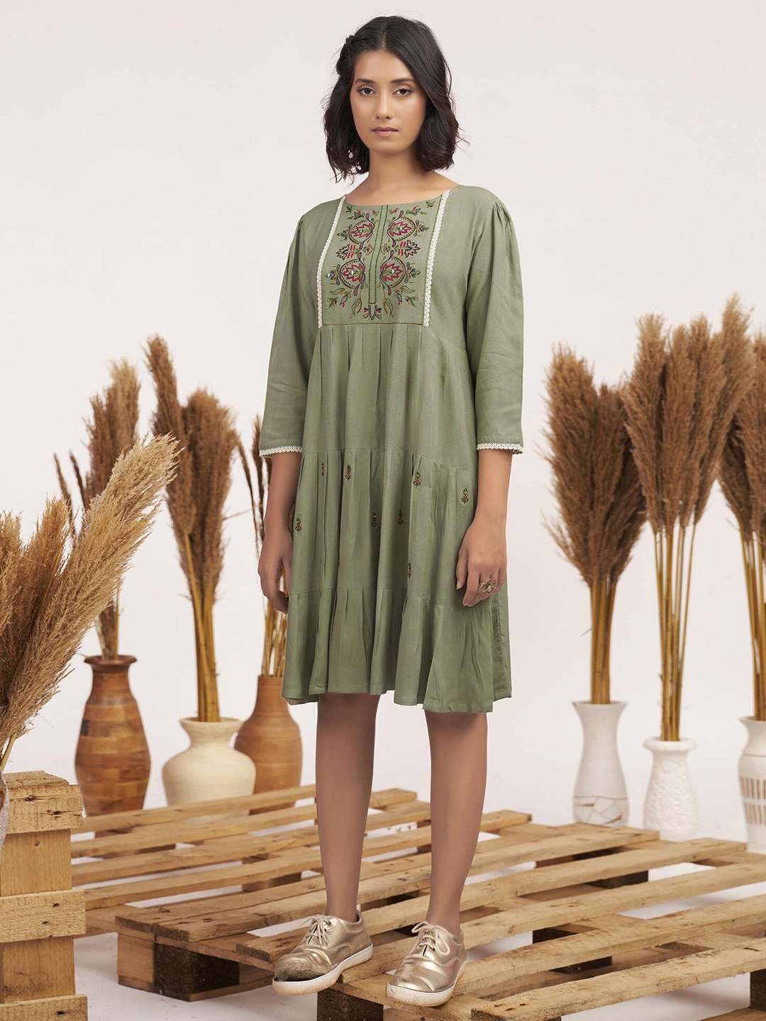

Peachmode Print A-Line Dress, Green