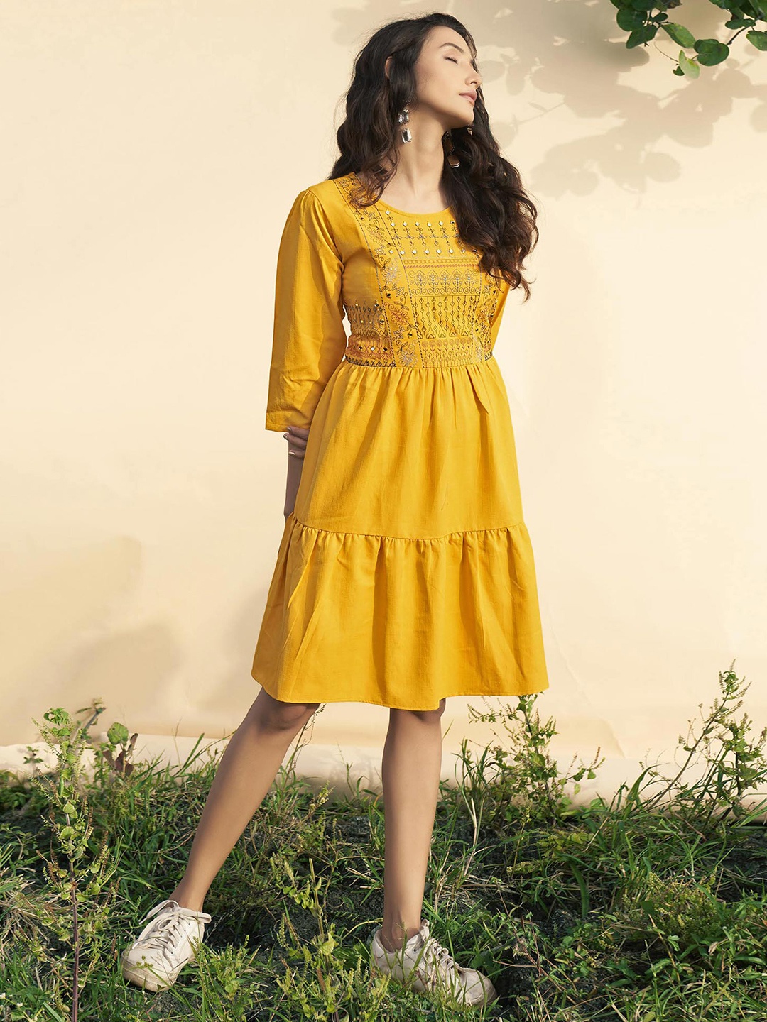 

Peachmode Floral Printed Round Neck Fit & Flare Dress, Yellow