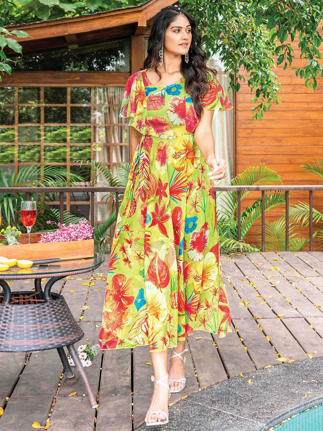 

Peachmode Floral Printed Chiffon Fit & Flare Dress, Yellow