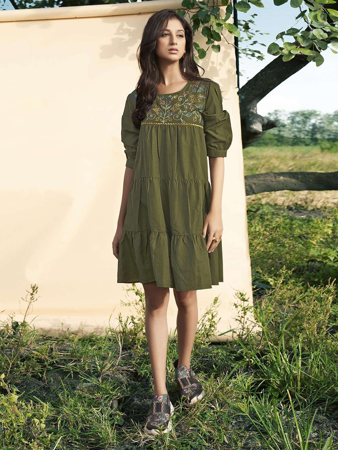 

Peachmode Round Neck Floral Print A-Line Dress, Green