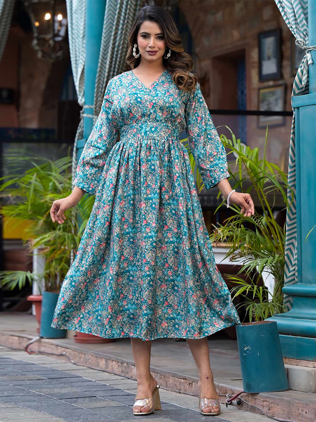 

Peachmode Floral Printed V Neck Cotton A-Line Midi Dress, Turquoise blue