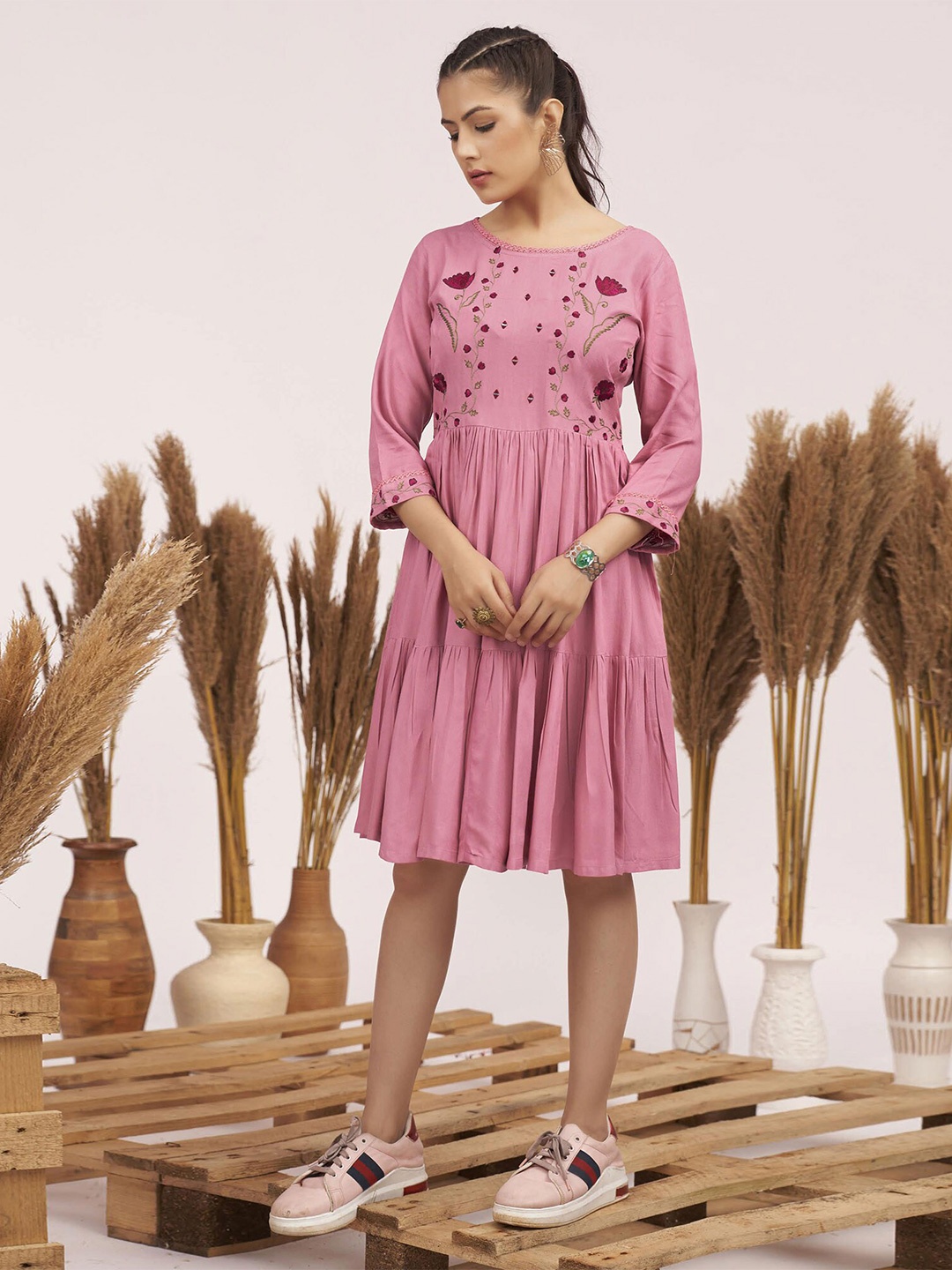 

Peachmode Round Neck Floral A-Line Dress, Pink