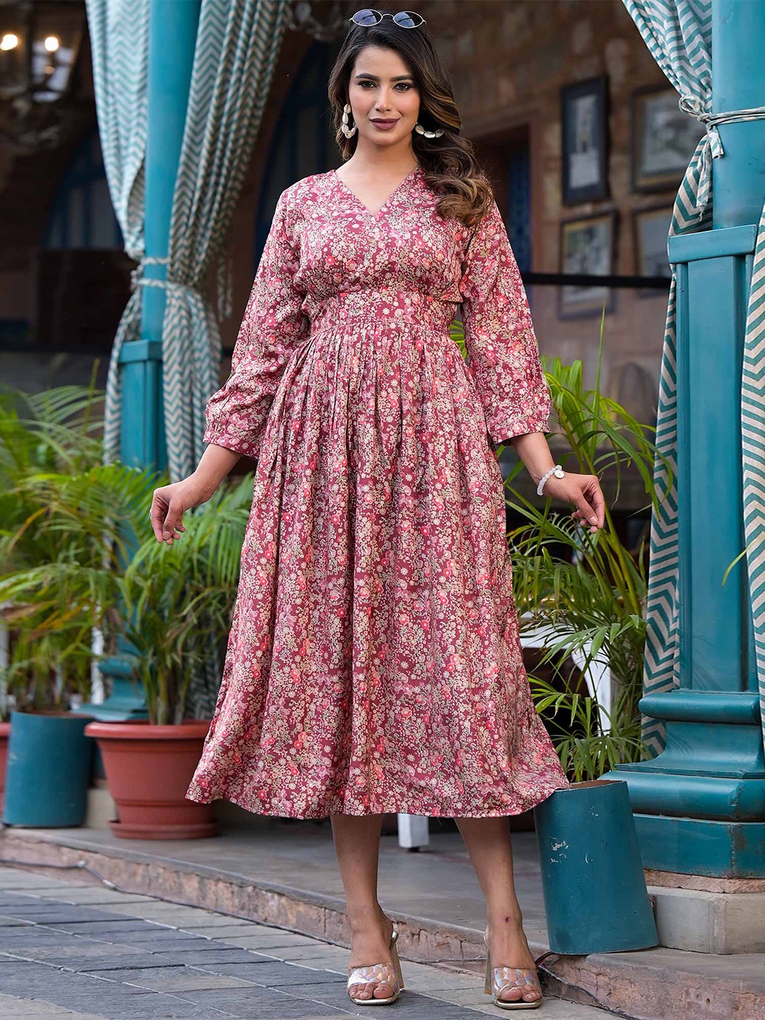 

Peachmode Floral Printed Fit & Flare Midi Dress, Burgundy