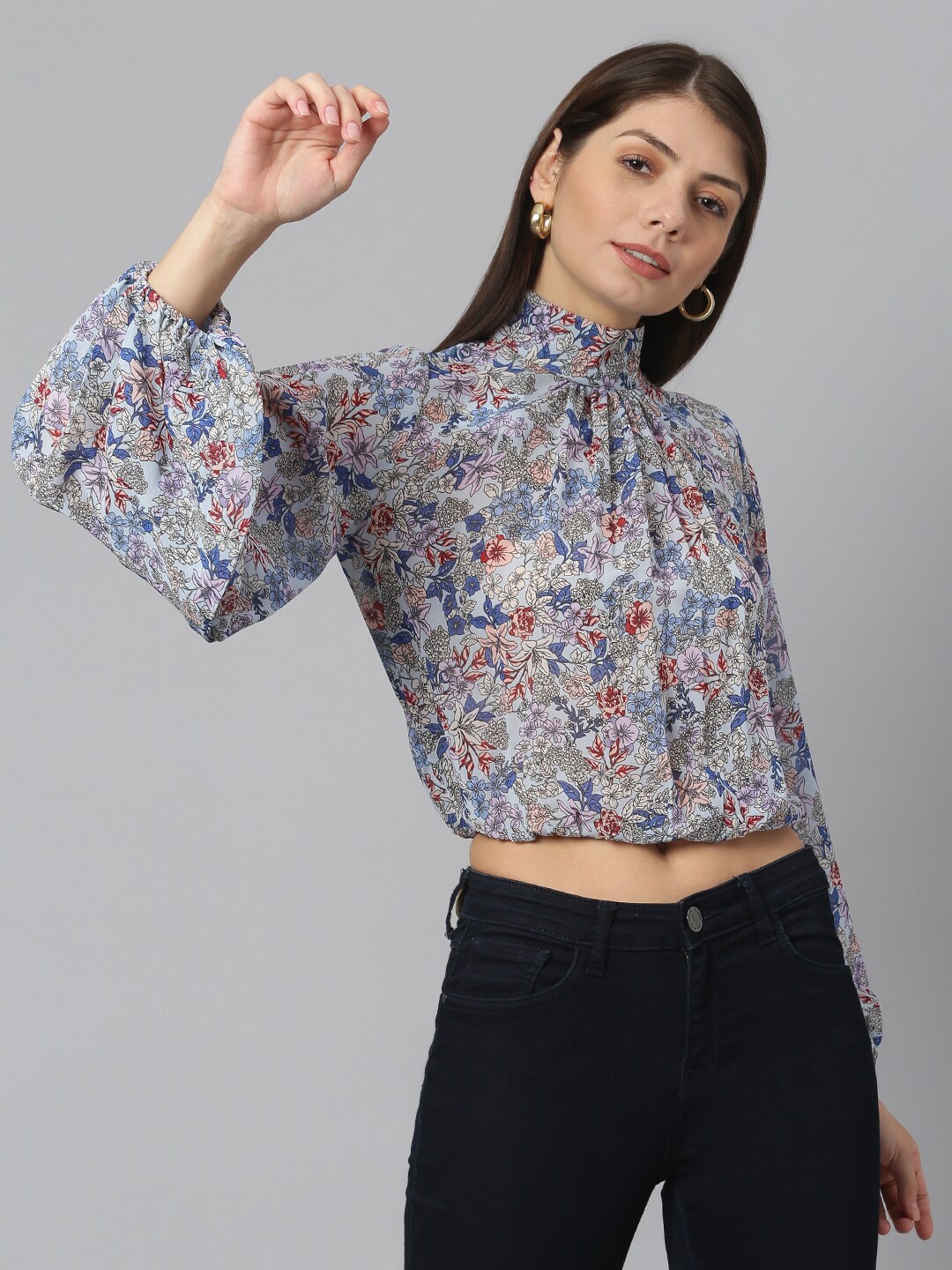 

BAESD Floral Printed High Neck Gathered Detailed Crop Top, Blue