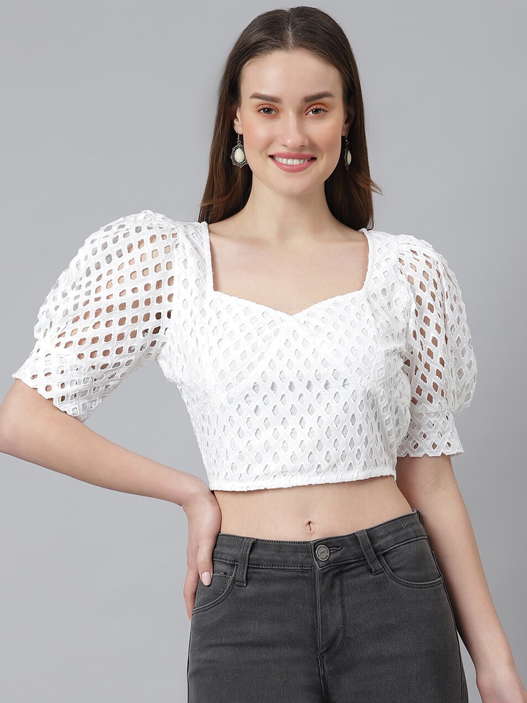

BAESD Geometric Self Design Sweetheart Neck Puff Sleeves Cotton Crop Top, White