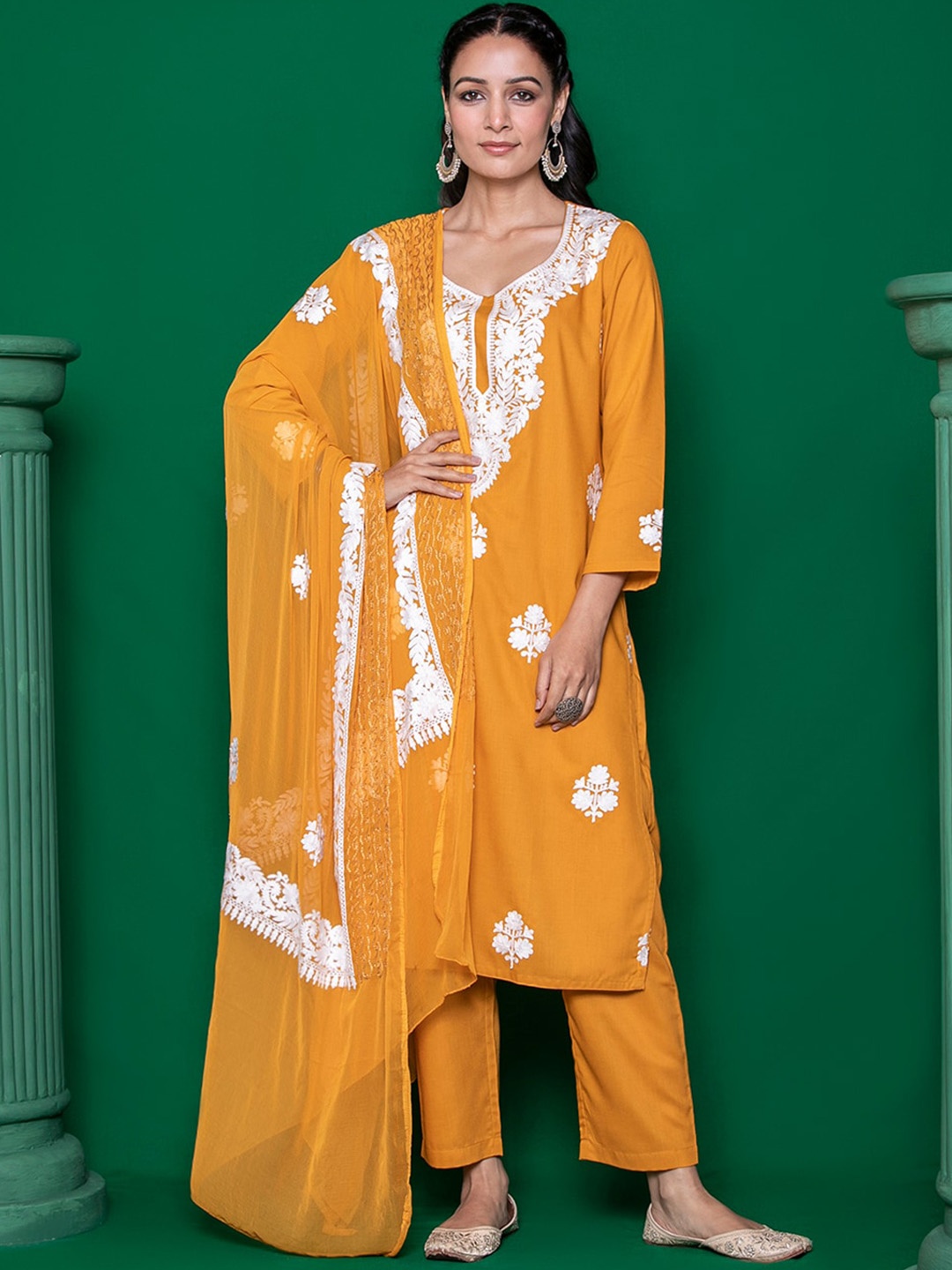 

House of Chikankari Floral Embroidered Thread Work Straight Kurta with Trousers & Dupatta, Yellow