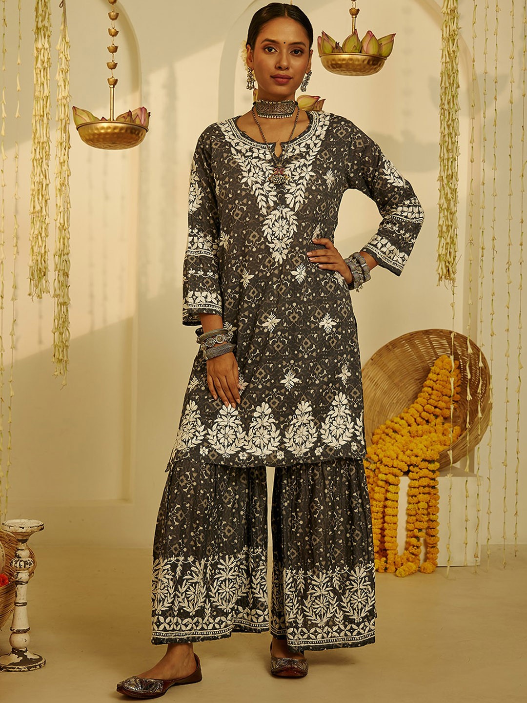 

House of Chikankari Ethnic Motifs Embroidered Thread Work Straight Kurta with Sharara, Grey
