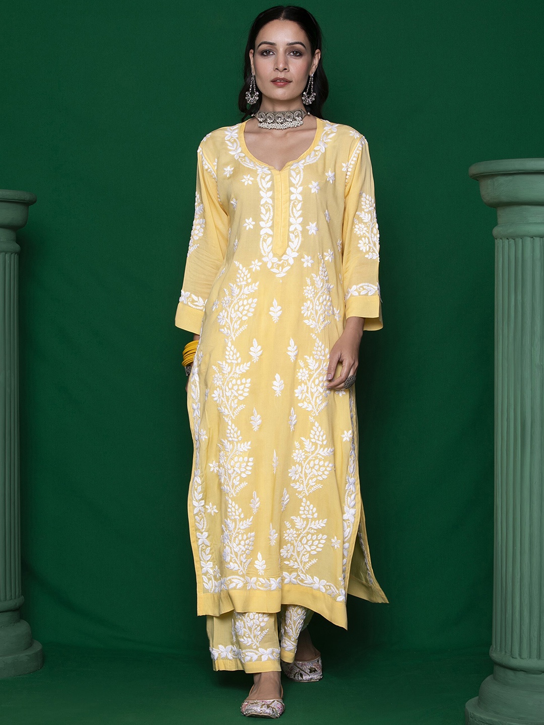 

House of Chikankari Chikankari Woven Kurta Set, Yellow