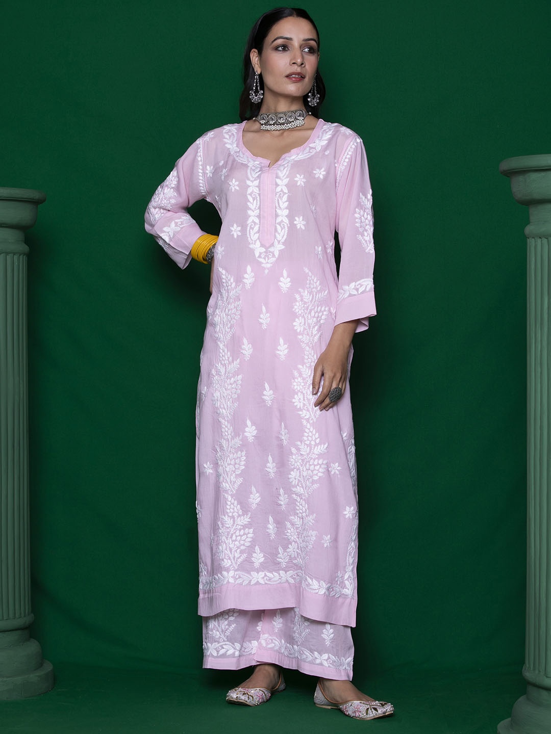 House of Chikankari Chikankari Woven Kurta Set, Pink