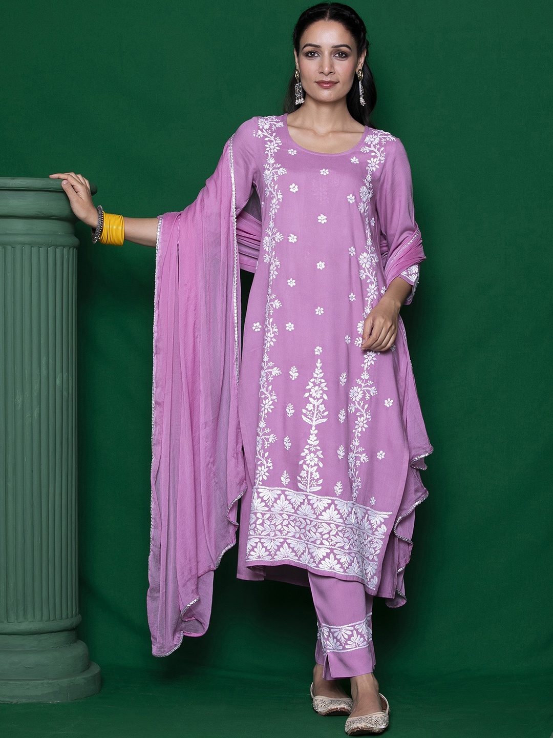 

House of Chikankari Floral Embroidered Regular Thread Work A-Line Kurta with Trousers, Pink