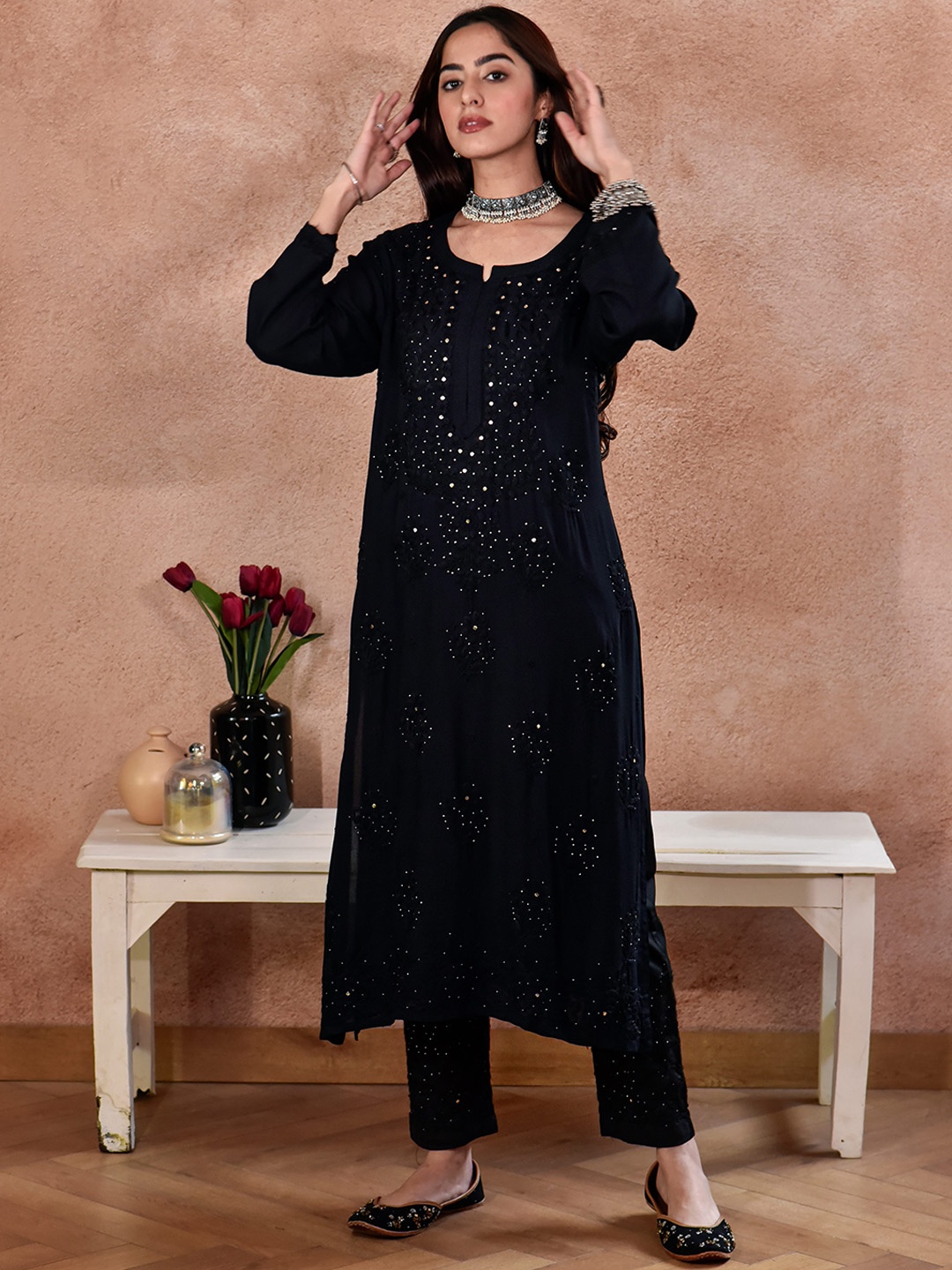 

House of Chikankari Floral Embroidered Regular Thread Work A-Line Kurta with Trousers, Black