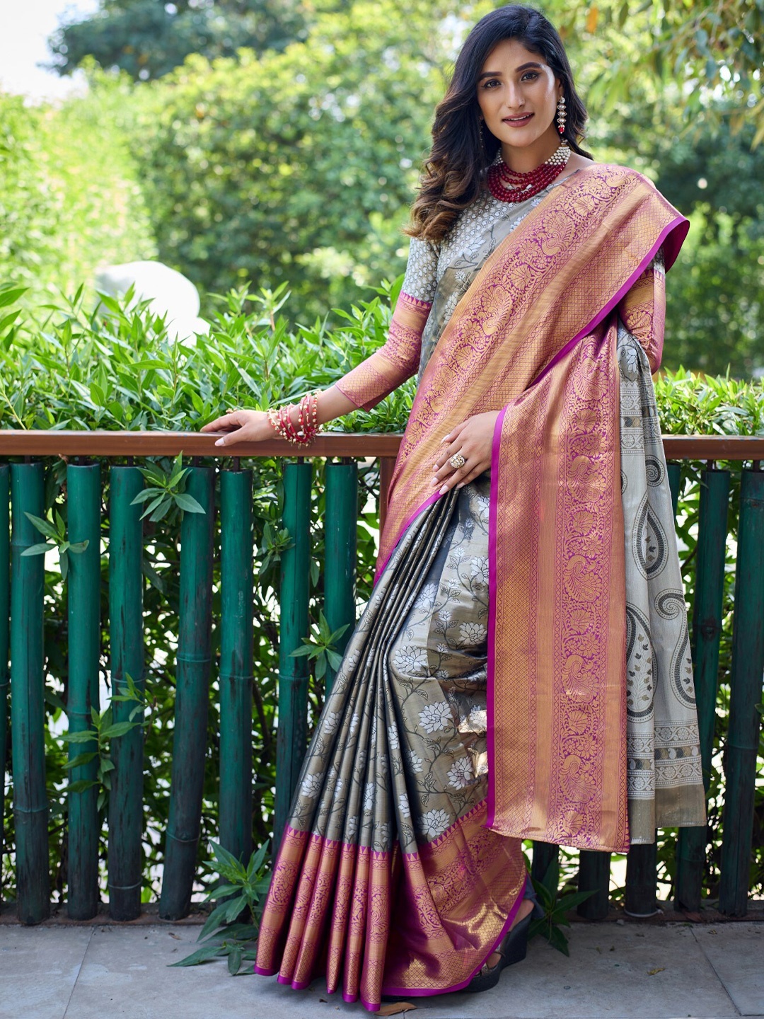 

LeeliPeeri Designer Ethnic Motifs Woven Design Zari Banarasi Silk Saree, Grey