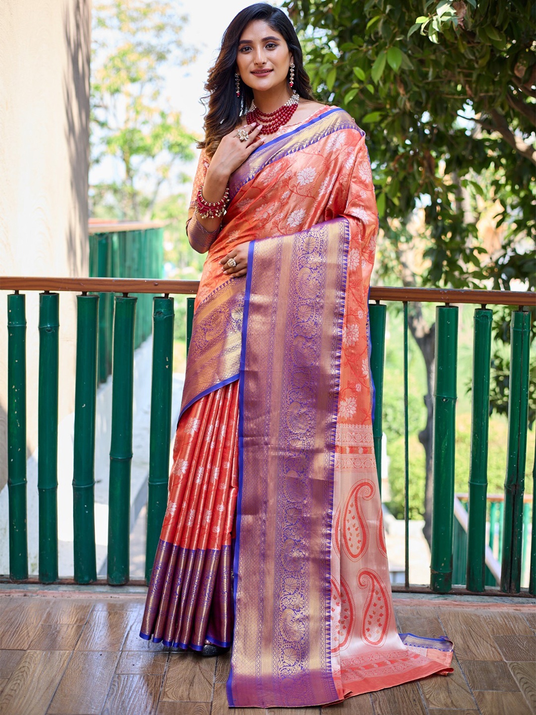 

LeeliPeeri Designer Floral Woven Design Zari Detailed Banarasi Saree, Peach