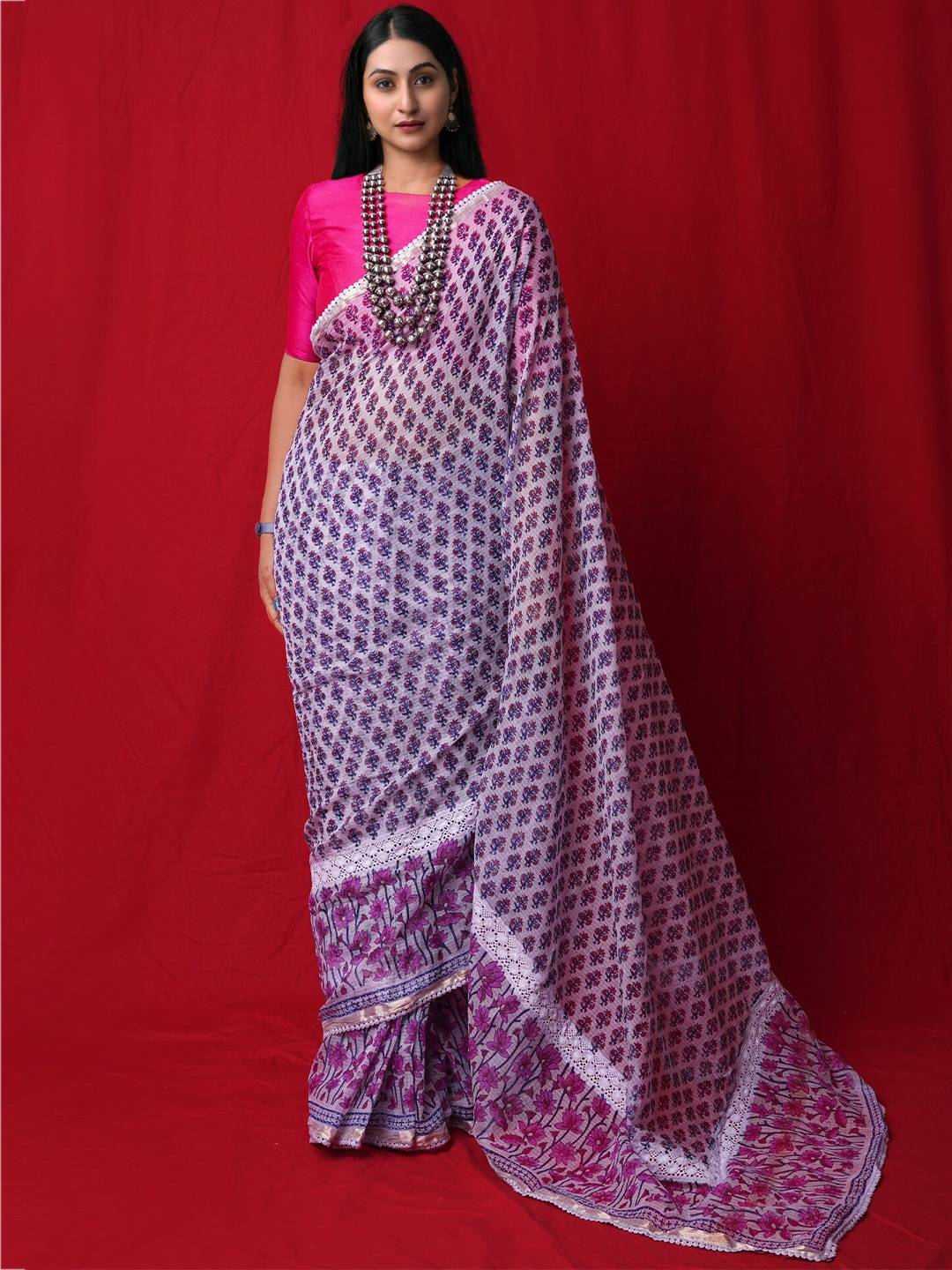 

Unnati Silks Ethnic Motifs Printed Zari Silk Cotton Handloom Kota Saree, Grey