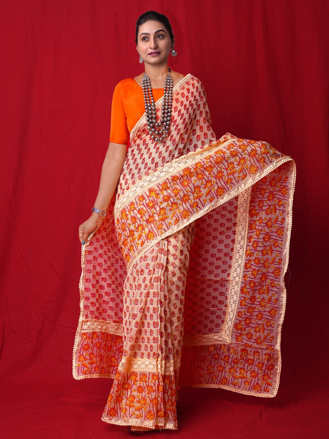 

Unnati Silks Floral Embroidered Silk Cotton Handloom Kota Saree, Cream