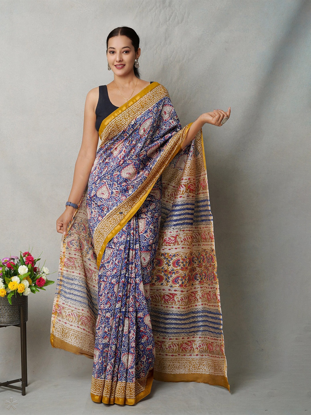 

Unnati Silks Tie and Dye Zari Silk Cotton Handloom Chanderi Saree, Blue