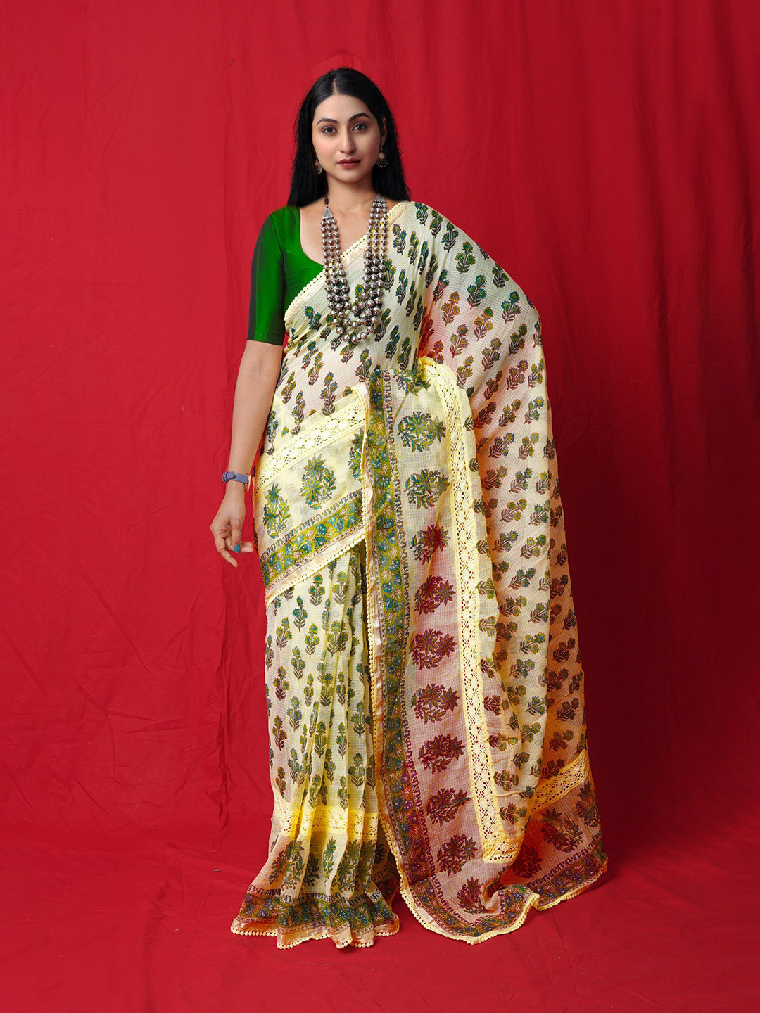 

Unnati Silks Ethnic Motifs Printed Zari Silk Cotton Handloom Kota Saree, Yellow
