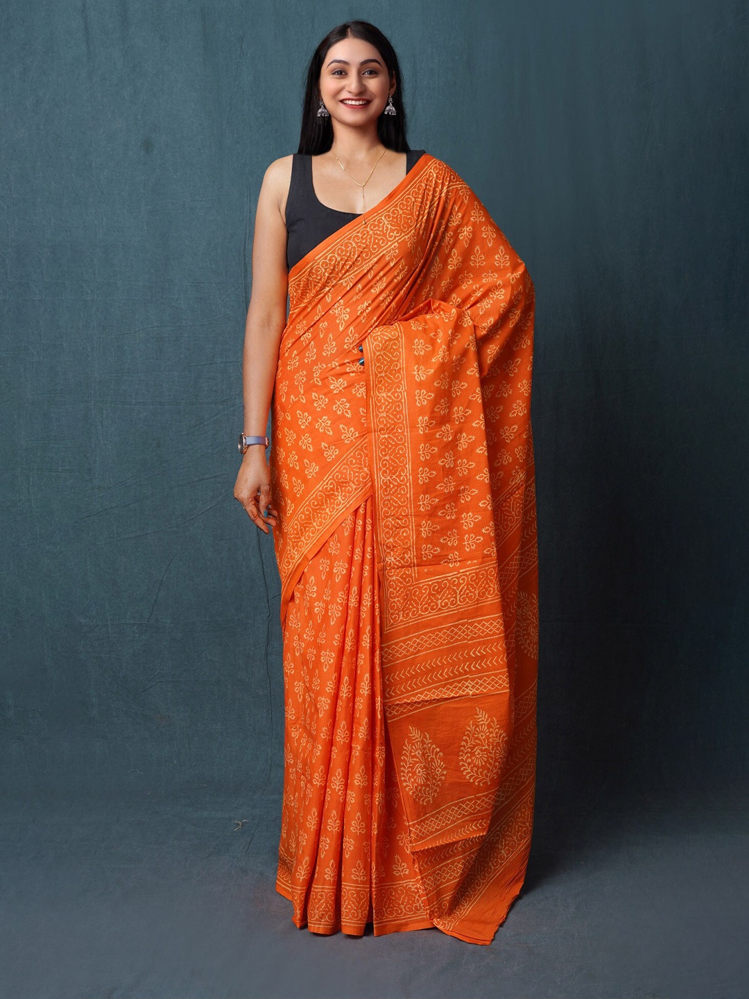 

Unnati Silks Ethnic Motifs Pure Cotton Hand Block Print Saree, Orange