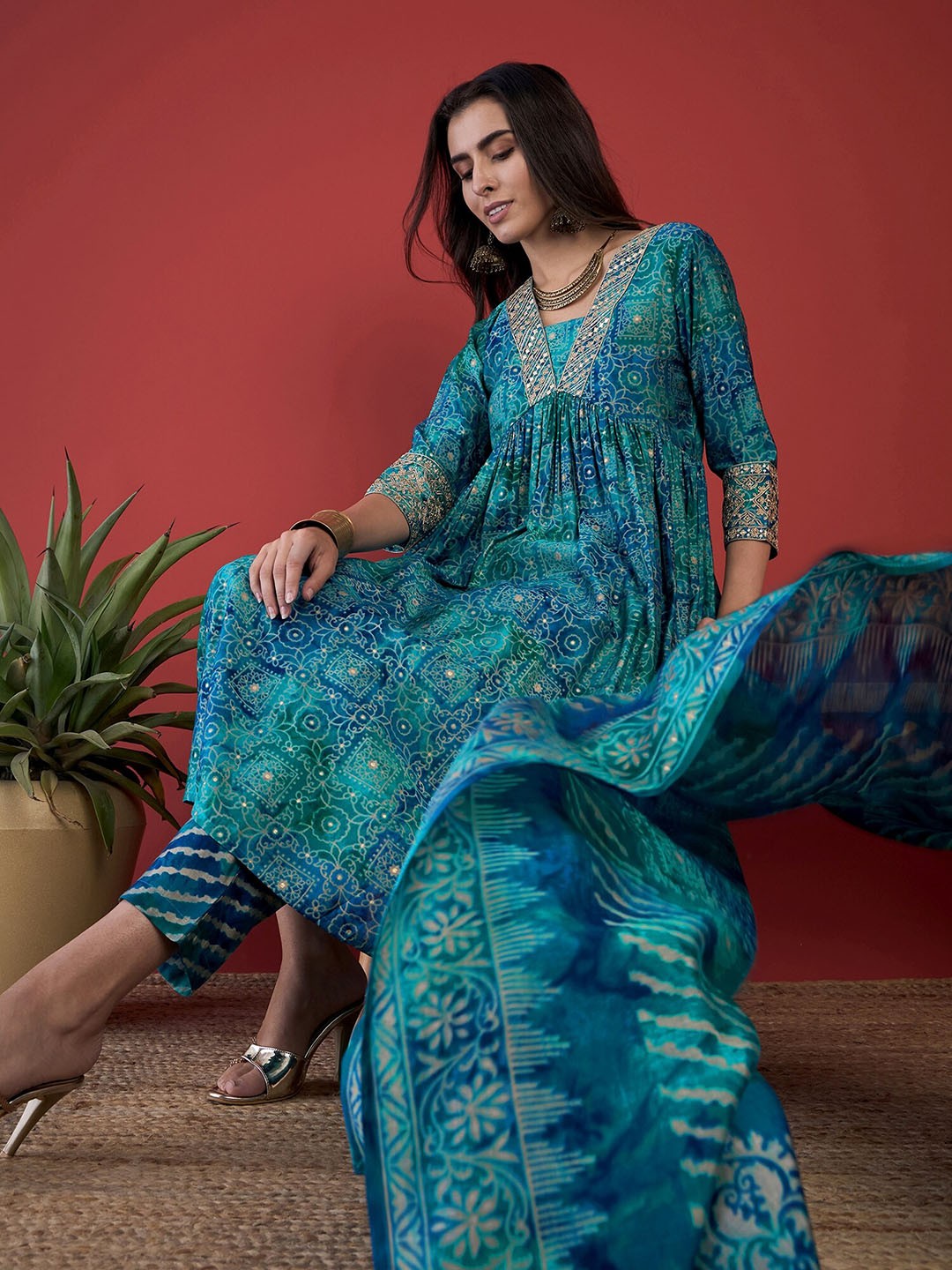 

Anouk Ethnic Motifs Printed V-Neck Pleated Zari A-Line Kurta with Trousers & Dupatta, Teal