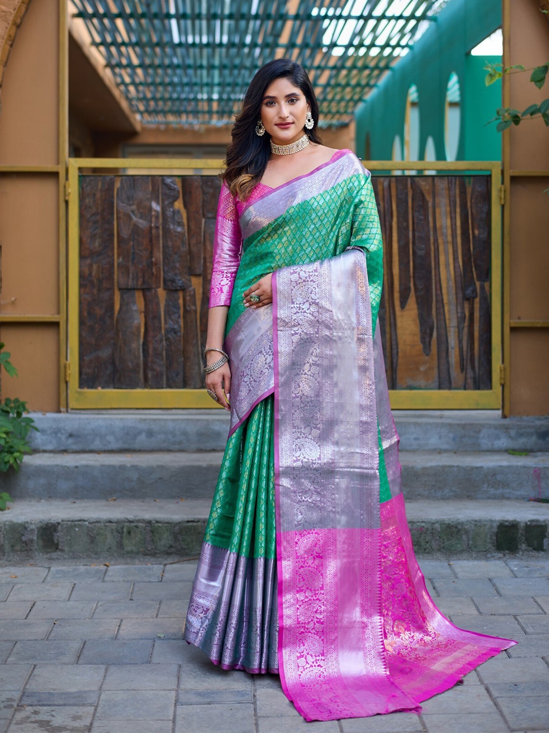 

LeeliPeeri Designer Ethnic Motifs Woven Design Zari Detailed Banarasi Saree, Teal
