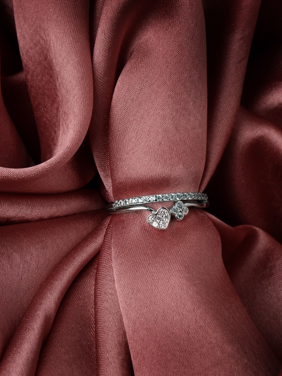 

PRIONI Rhodium-Plated 925 Sterling Silver Cubic Zirconia-Studded Adjustable Finger Ring