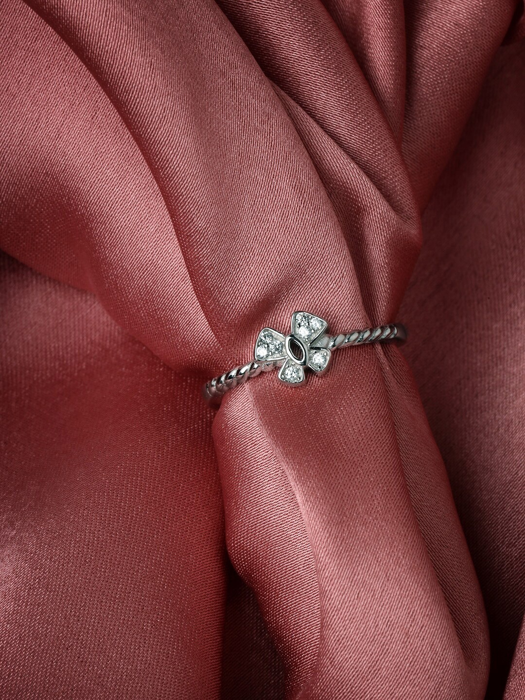 

PRIONI Rhodium-Plated 925 Sterling Silver Cubic Zirconia-Studded Adjustable Finger Ring