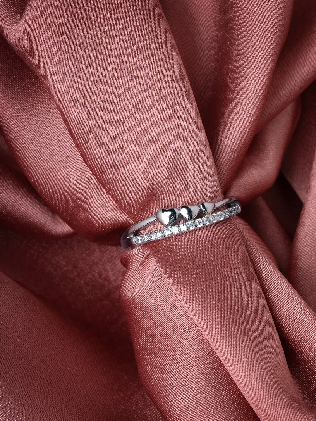 

PRIONI Rhodium-Plated 925 Sterling Silver Cubic Zirconia-Studded Adjustable Finger Ring